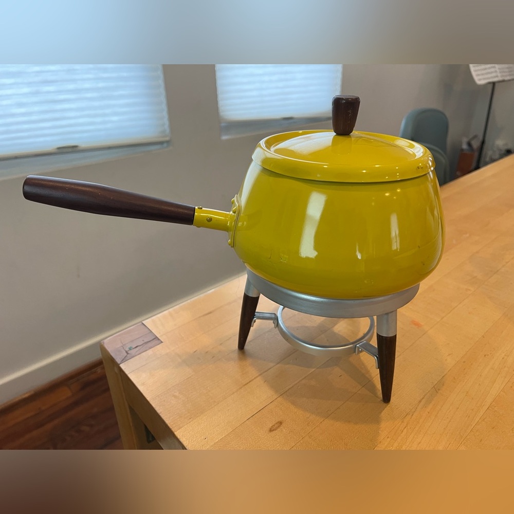 Vintage MCM Yellow Fondue Pot with Stand Teak wood